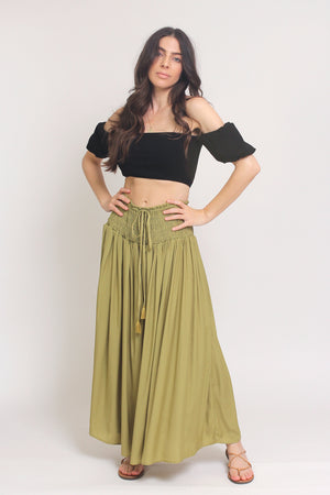 Smocked waist maxi skirt with drawstring tie, in Matcha. Image 8
