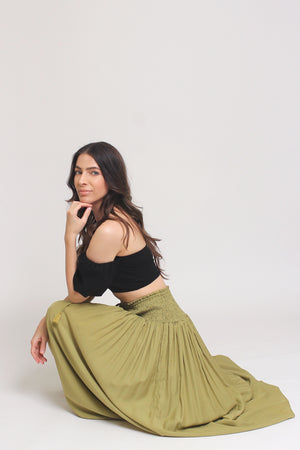 Smocked waist maxi skirt with drawstring tie, in Matcha. Image 9