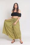Smocked waist maxi skirt with drawstring tie, in Matcha.
