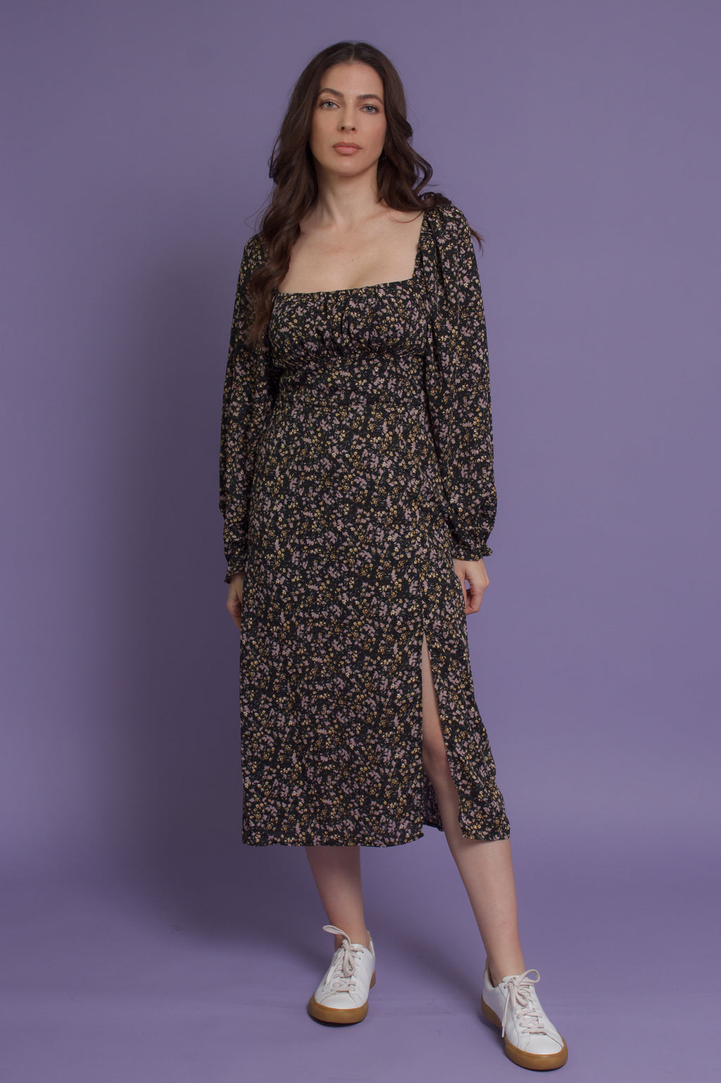 Floral square neck midi dress, in black floral. Image 12