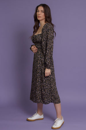 Floral square neck midi dress, in black floral. Image 4
