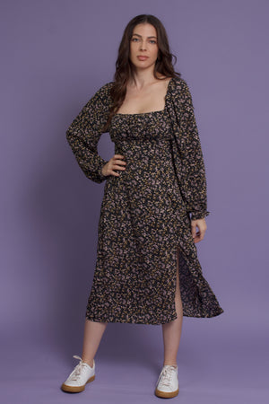 Floral square neck midi dress, in black floral. Image 5