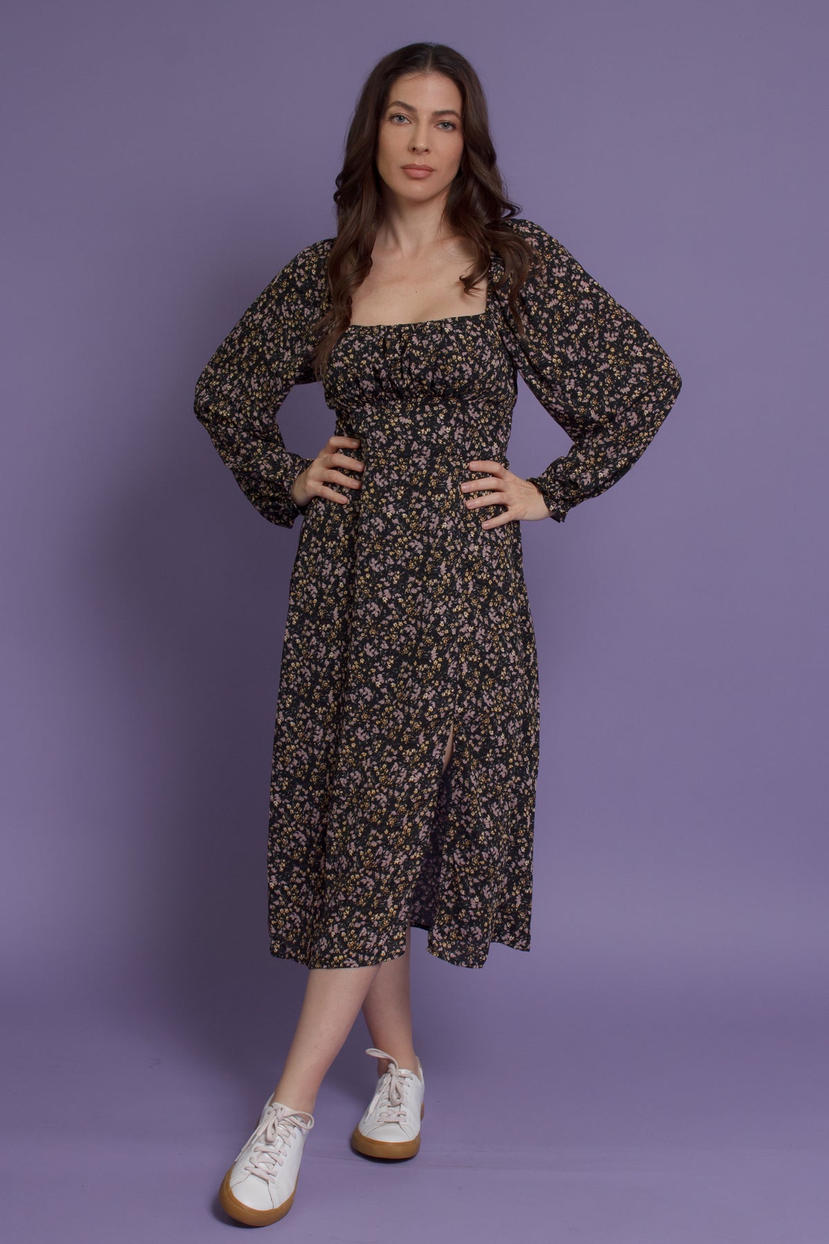 Floral square neck midi dress, in black floral. Image 8