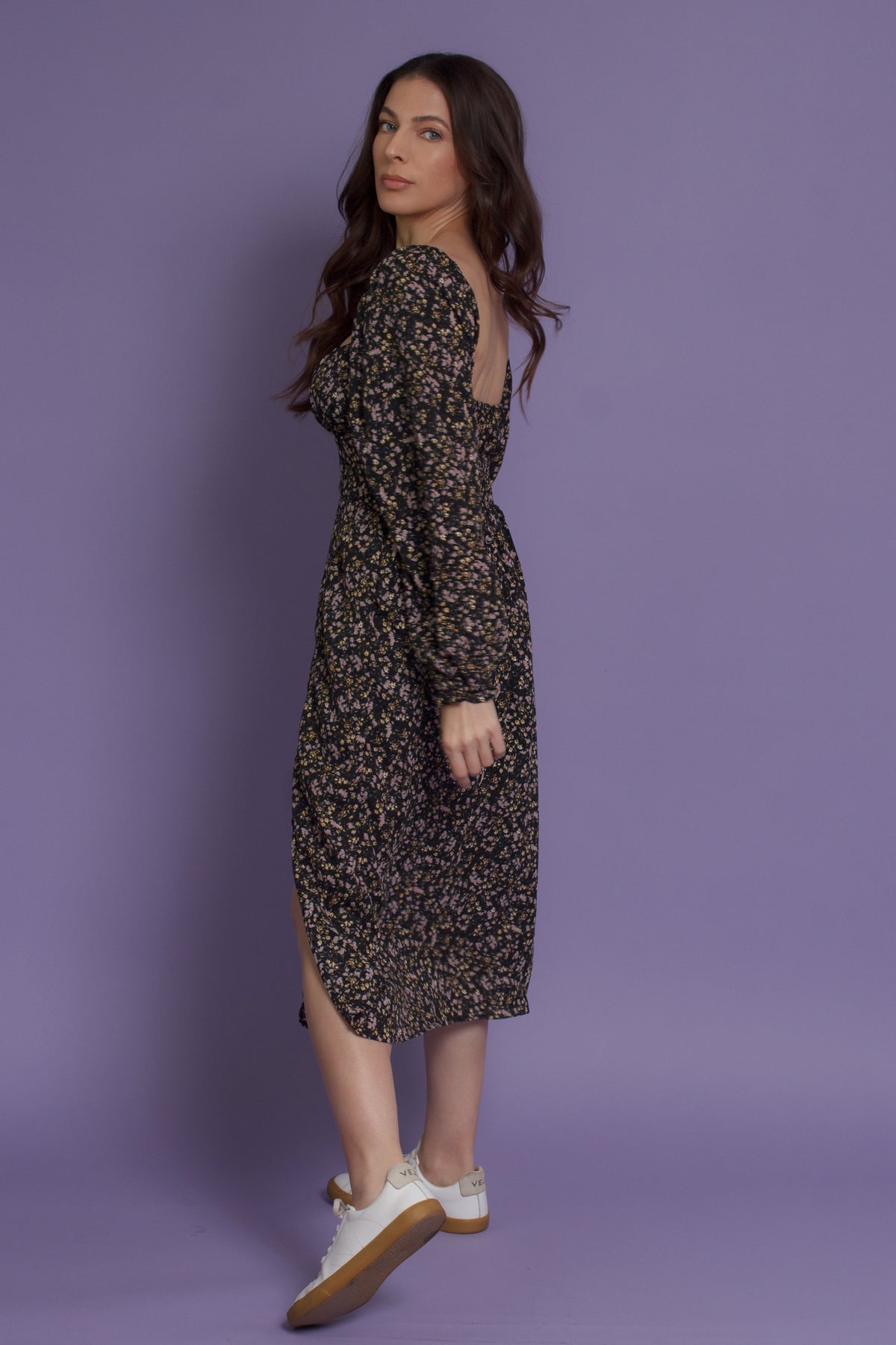 Floral square neck midi dress, in black floral. Image 9