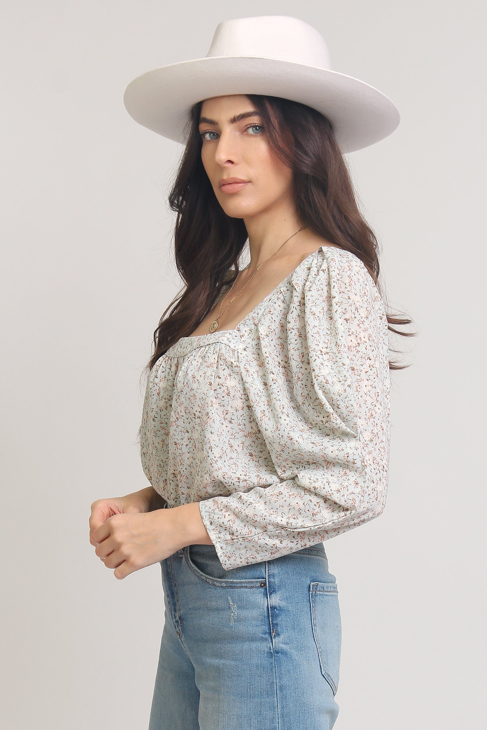 Floral top with square neckline and puff sleeves, in Pale Sage. Image 2