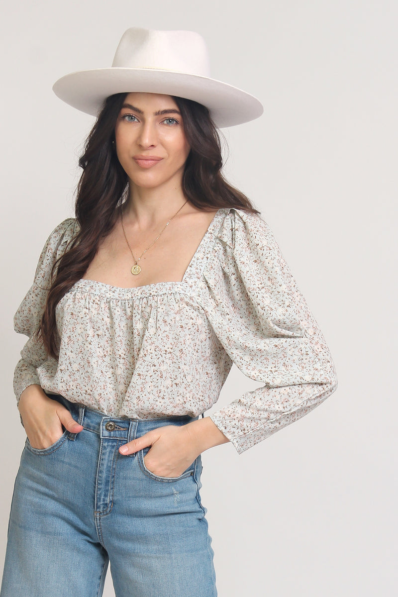 Floral top with square neckline and puff sleeves, in Pale Sage. Image 3