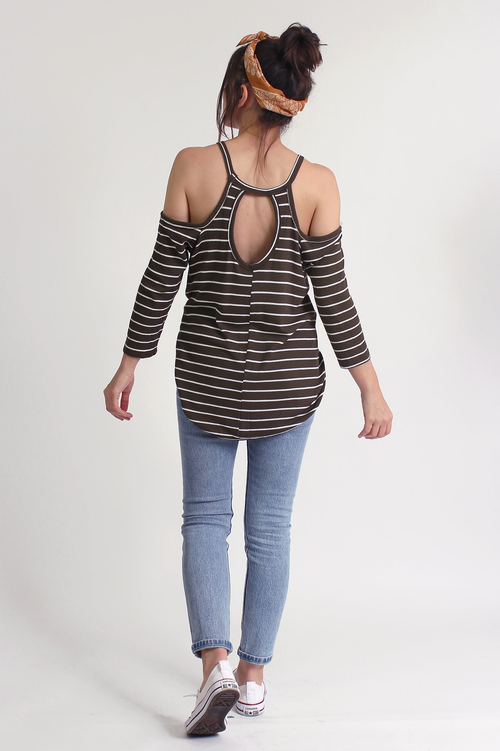 Striped cold shoulder top with cutout back, in olive. Image 3