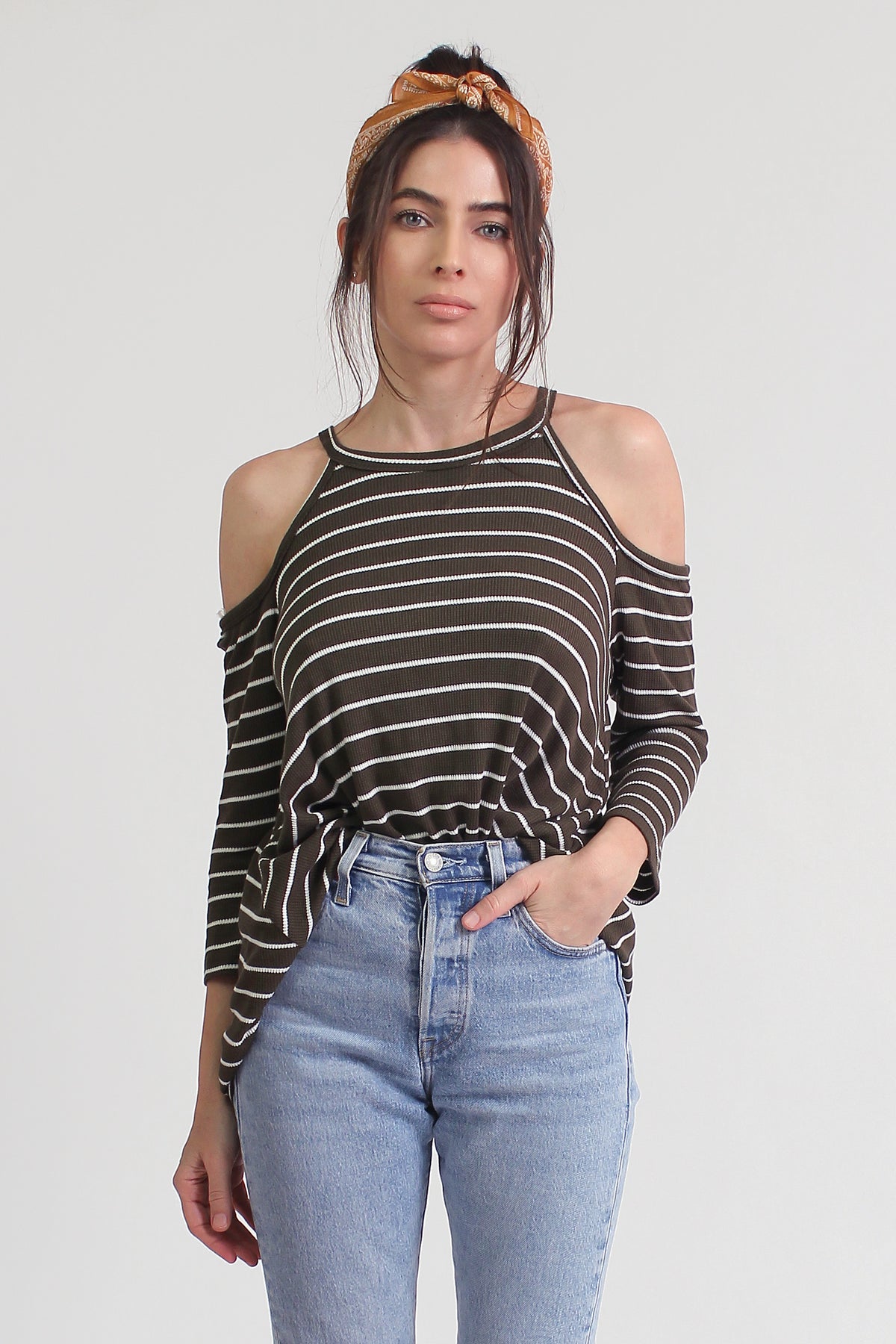 Striped cold shoulder top with cutout back, in olive. Image 4