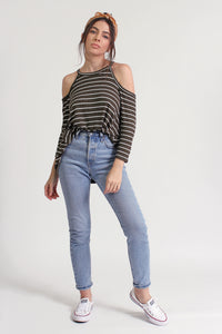 Striped cold shoulder top with cutout back, in olive. Image 5