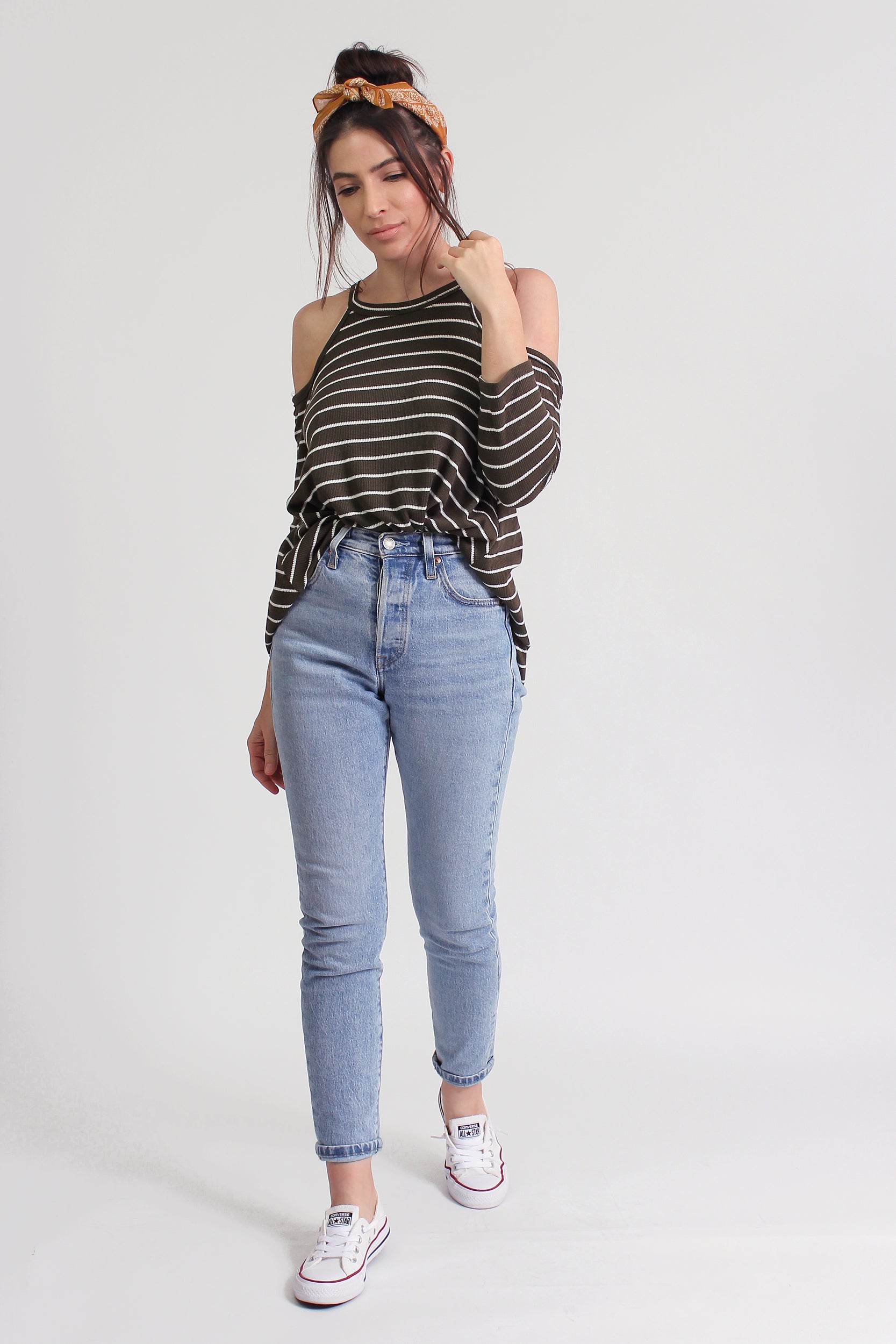 Striped cold shoulder top with cutout back, in olive. Image 6