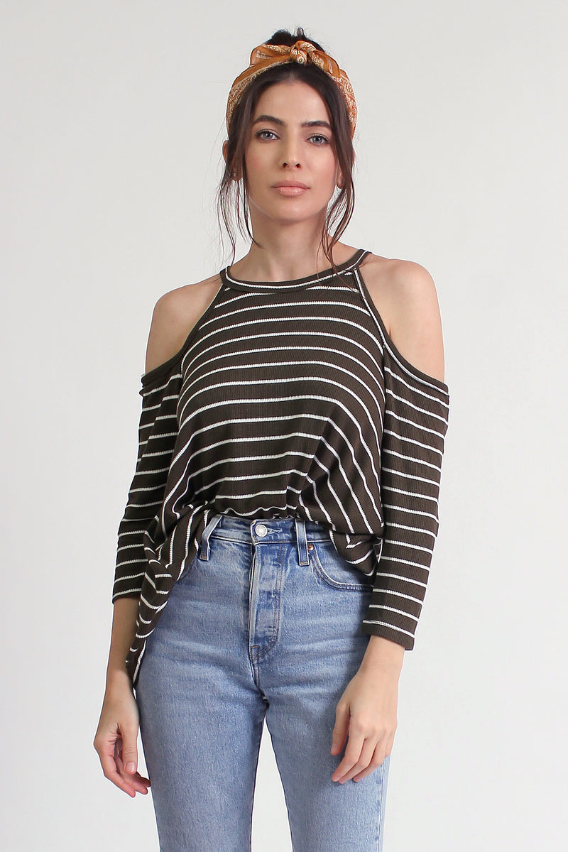 Striped cold shoulder top with cutout back, in olive. Image 7