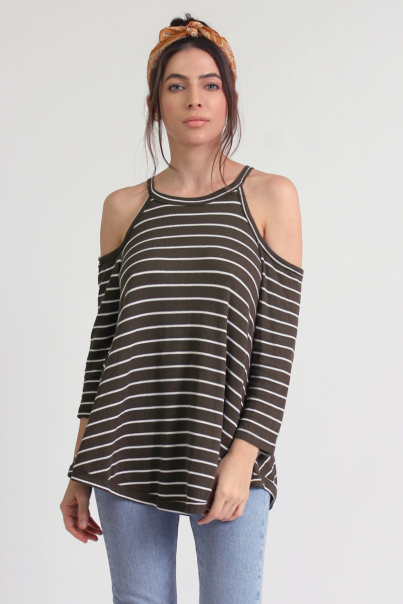 Striped cold shoulder top with cutout back, in olive. Image 8