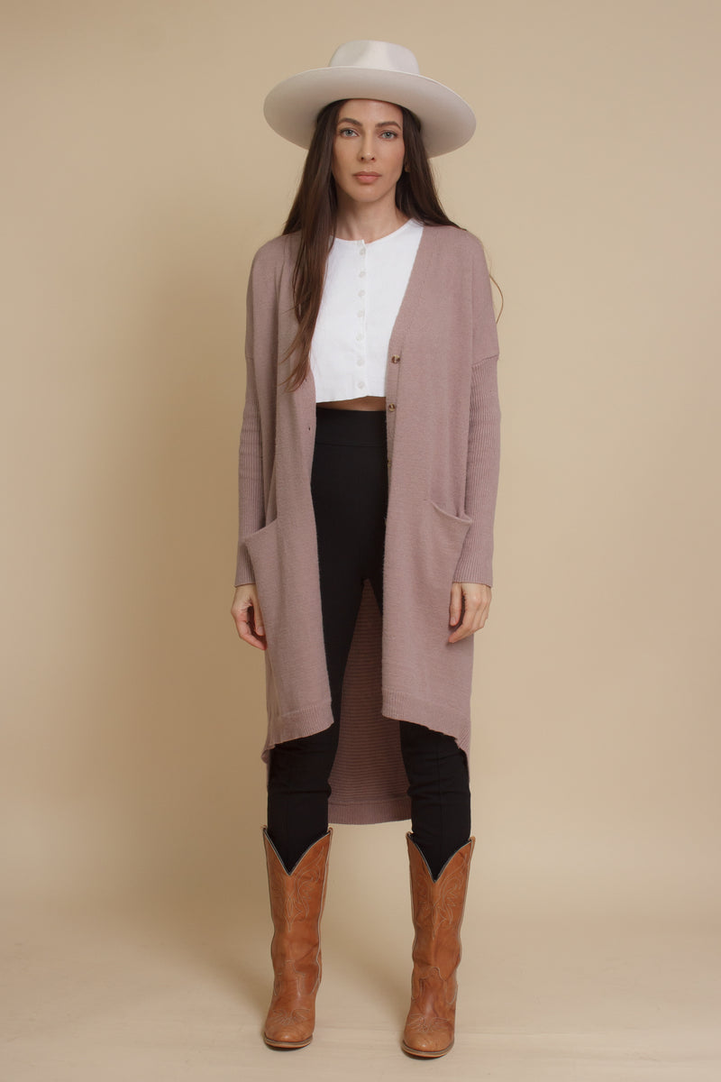 Long button down sweater cardigan, in mauve. Image 2