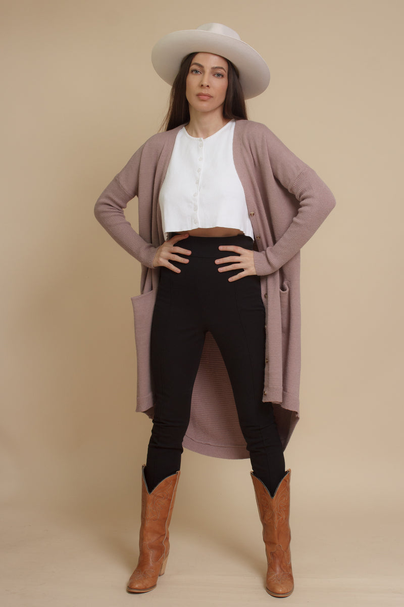 Long button down sweater cardigan, in mauve. Image 4