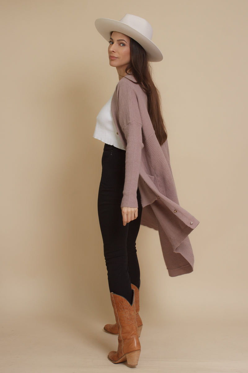 Long button down sweater cardigan, in mauve. Image 5