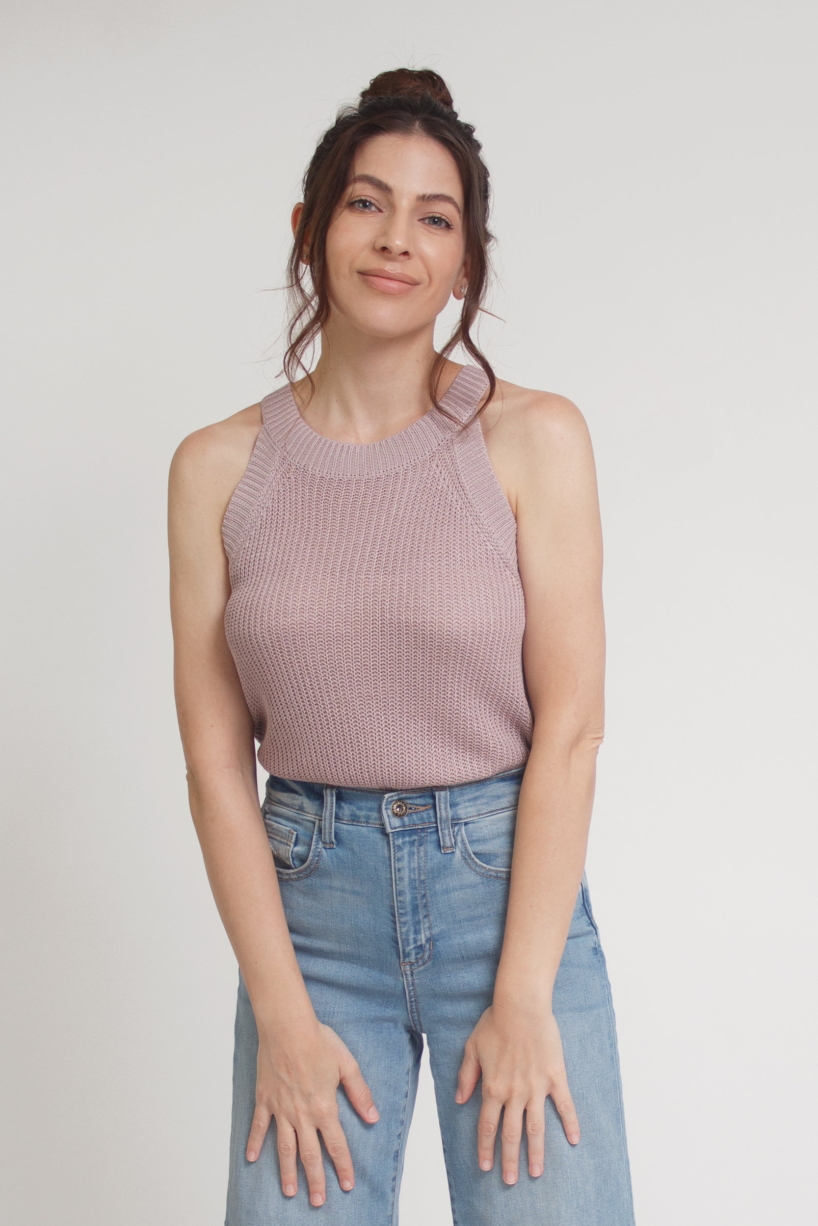 Sweater knit tank top, in mauve. 