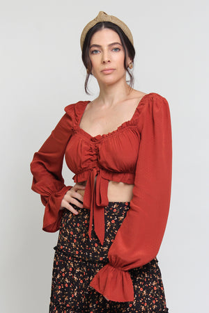 Cropped blouse with sweetheart neckline, in copper. Image 6