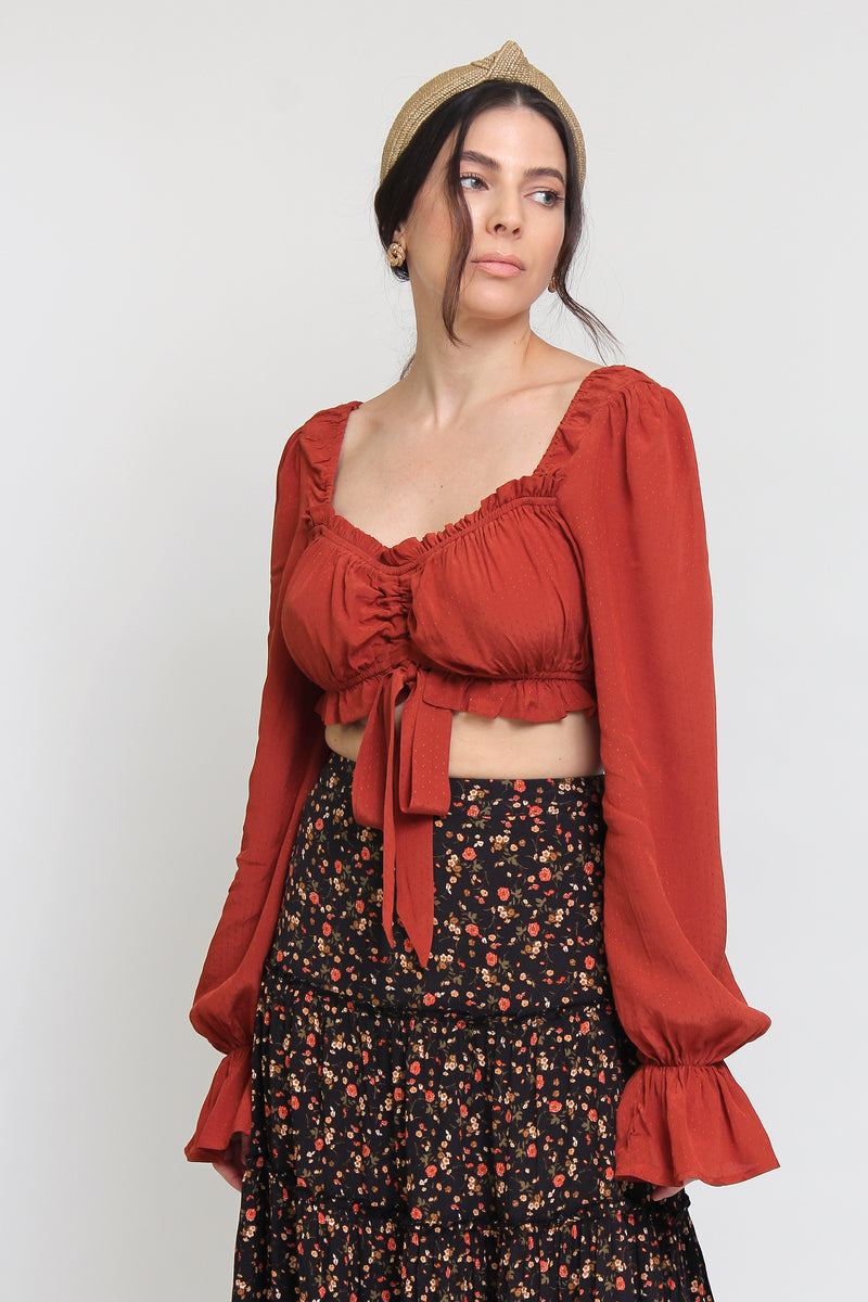 Cropped blouse with sweetheart neckline, in copper. Image 8