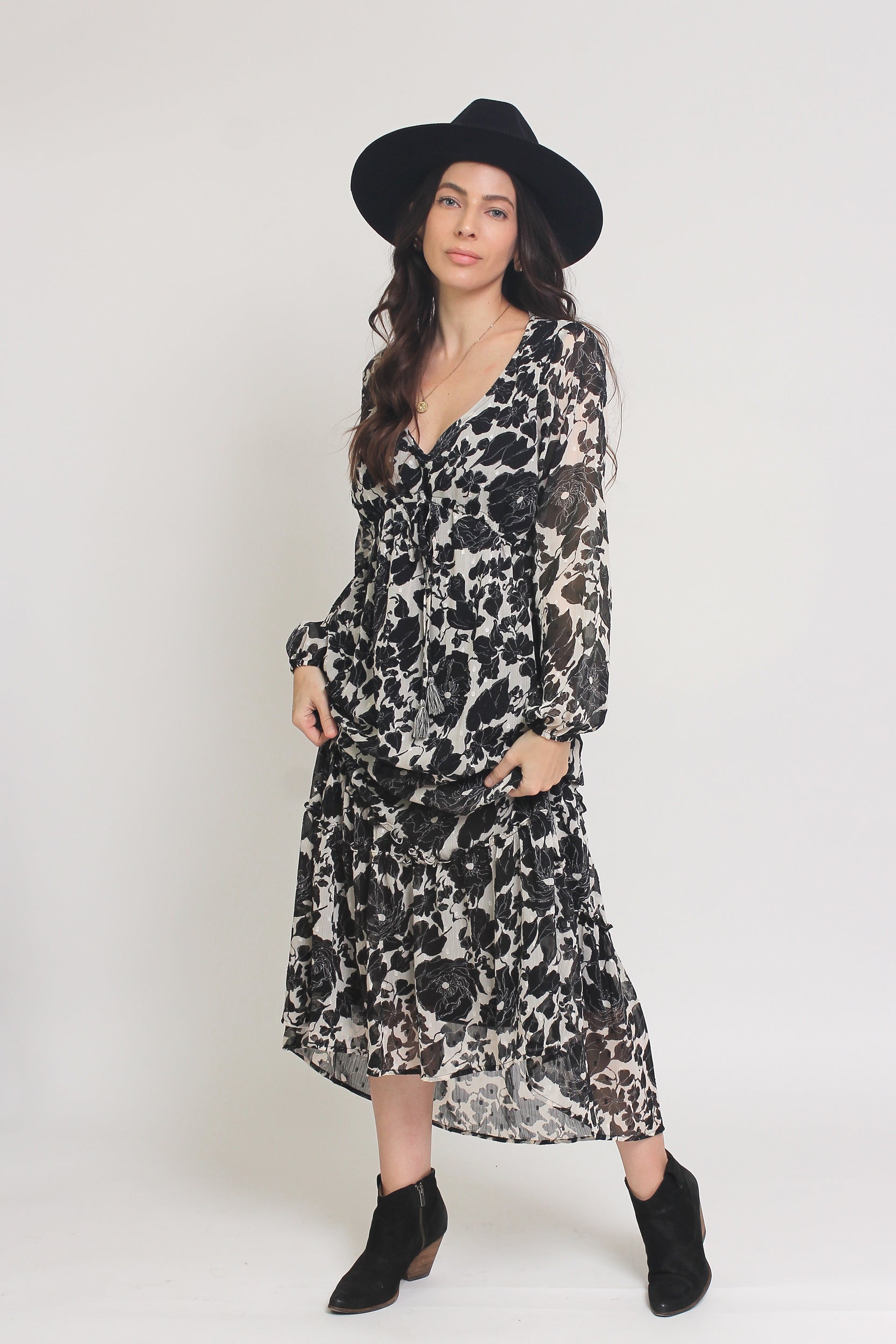 Swiss dot floral maxi dress, in cream/black. Image 2