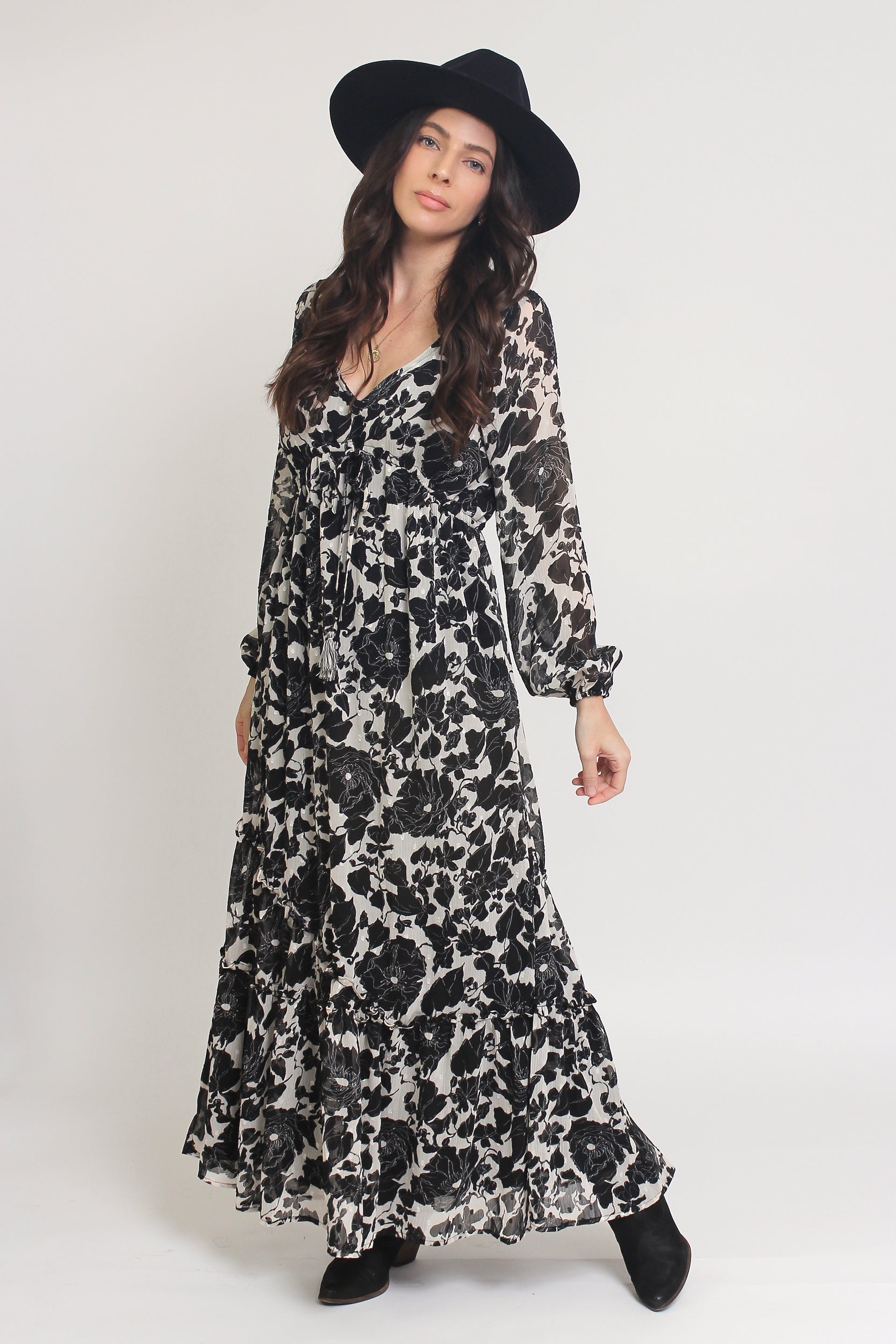Swiss dot floral maxi dress, in cream/black. Image 4