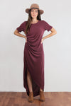 Tee shirt maxi dress with side slit and ruching, in burgundy. Image 6