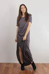 Tee shirt maxi dress with side slit and ruching, in dusty plum. Image 3
