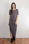 Tee shirt maxi dress with side slit and ruching, in dusty plum.