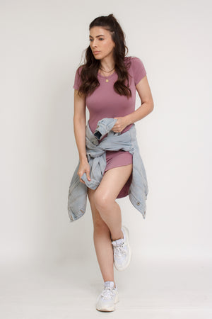 Short sleeve fitted tee shirt mini dress, in mauve. Image 3