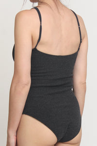 Thin double strap, scoop neck bodysuit, in Charcoal. Image 8