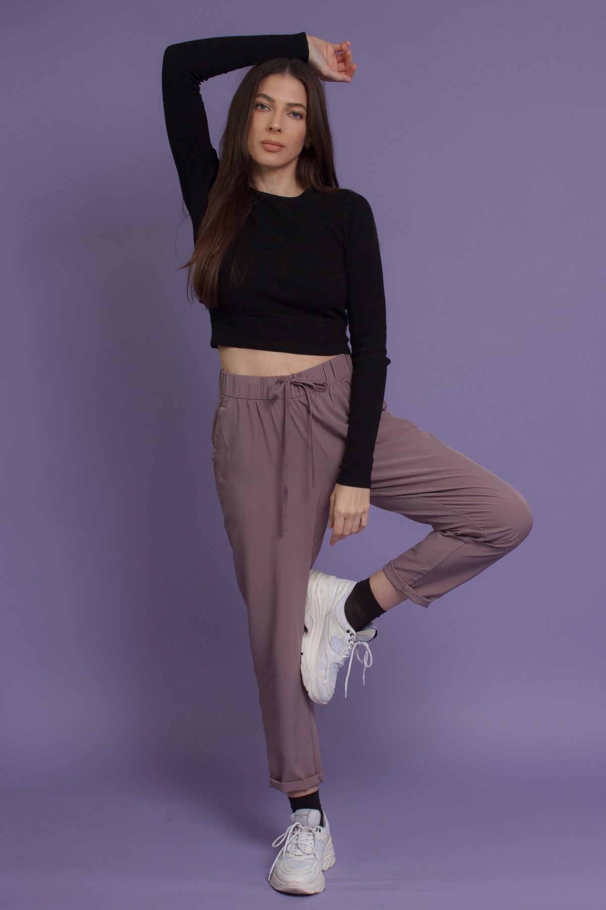 Jogger pant with drawstring waist, in mauve.