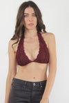 Triangle lace halter bralette, in burgundy.