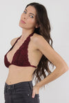 Triangle lace halter bralette, in burgundy. Image 2