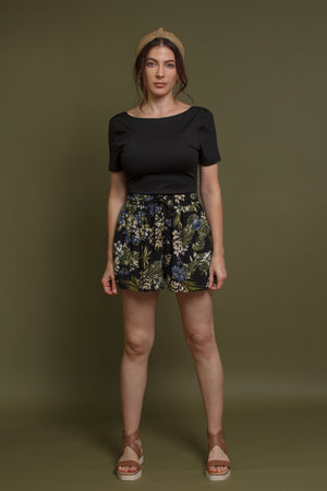 Tropical print shorts with drawstring waist, in black multi. Image 8