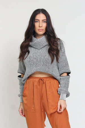 Chunky turtleneck sweater with zipper sleeves, in black/grey. Image 7