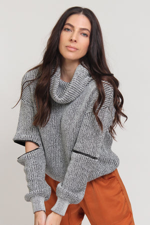 Chunky turtleneck sweater with zipper sleeves, in black/grey. Image 9