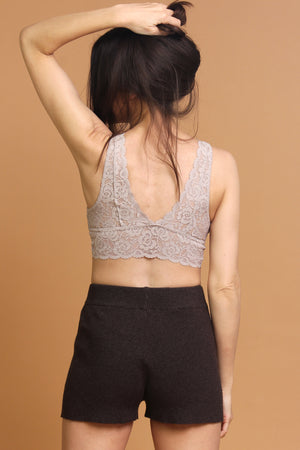 Lace bralette with v-cut neckline in front and back, in Champagne. Image 2