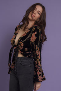 Floral velvet tie front blouse, in black. Image 2