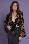 Floral velvet tie front blouse, in black. Image 3