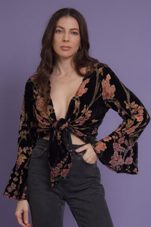 Floral velvet tie front blouse, in black. Image 5