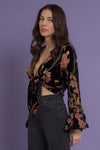 Floral velvet tie front blouse, in black. Image 6