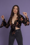 Floral velvet tie front blouse, in black. Image 7