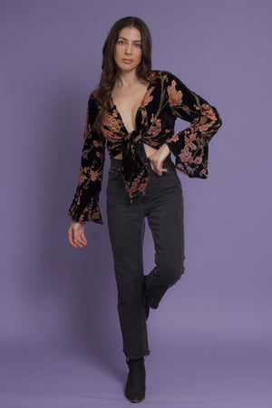 Floral velvet tie front blouse, in black. Image 9