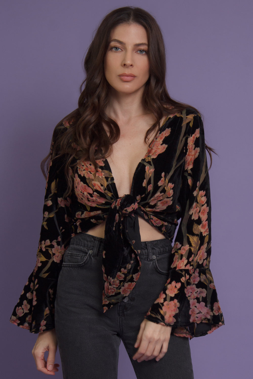 Floral velvet tie front blouse, in black.