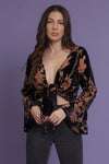 Floral velvet tie front blouse, in black. Image 12