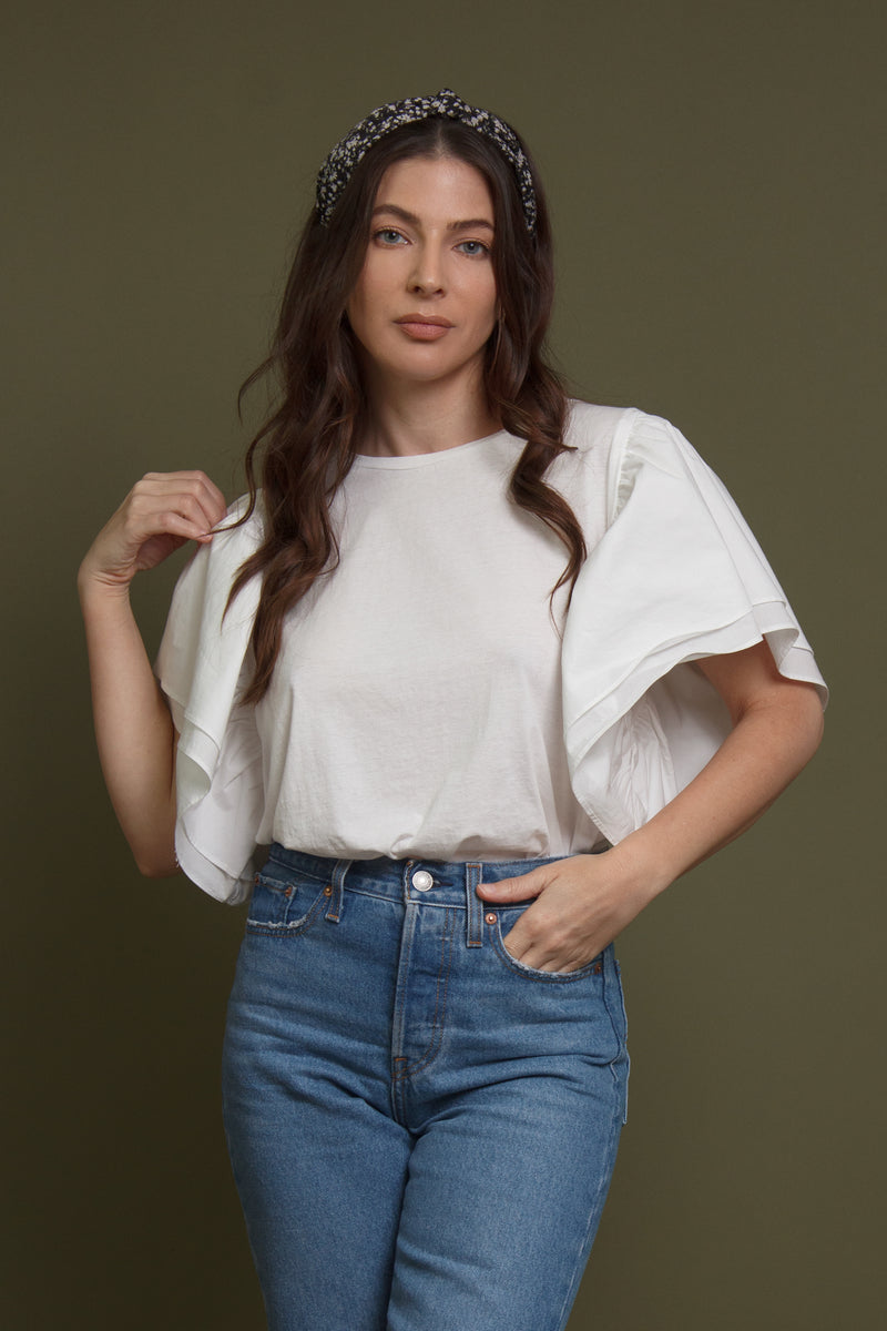 Ruffle sleeve tee shirt, in white. Image 2