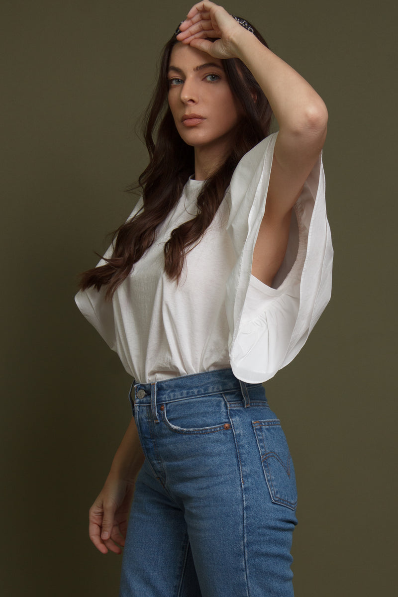 Ruffle sleeve tee shirt, in white. Image 3