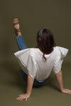 Ruffle sleeve tee shirt, in white.
