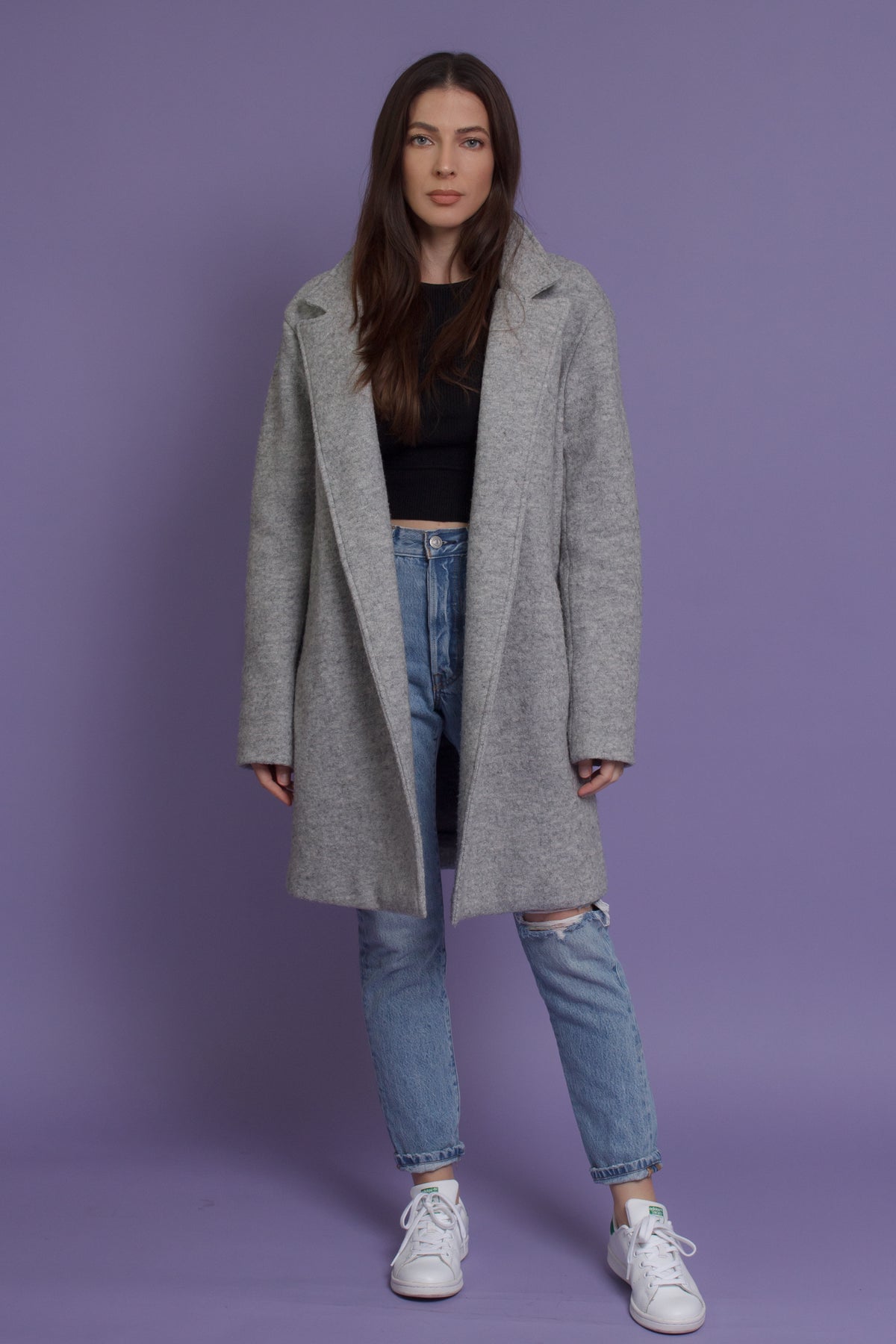 Oversized blazer style wool coat, in heather grey. Image 5