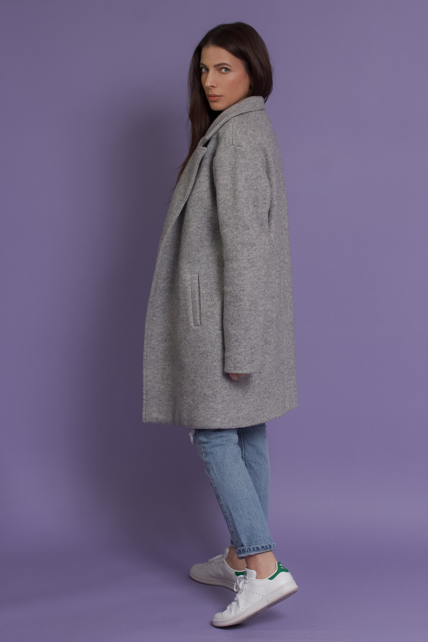 Oversized blazer style wool coat, in heather grey. Image 7