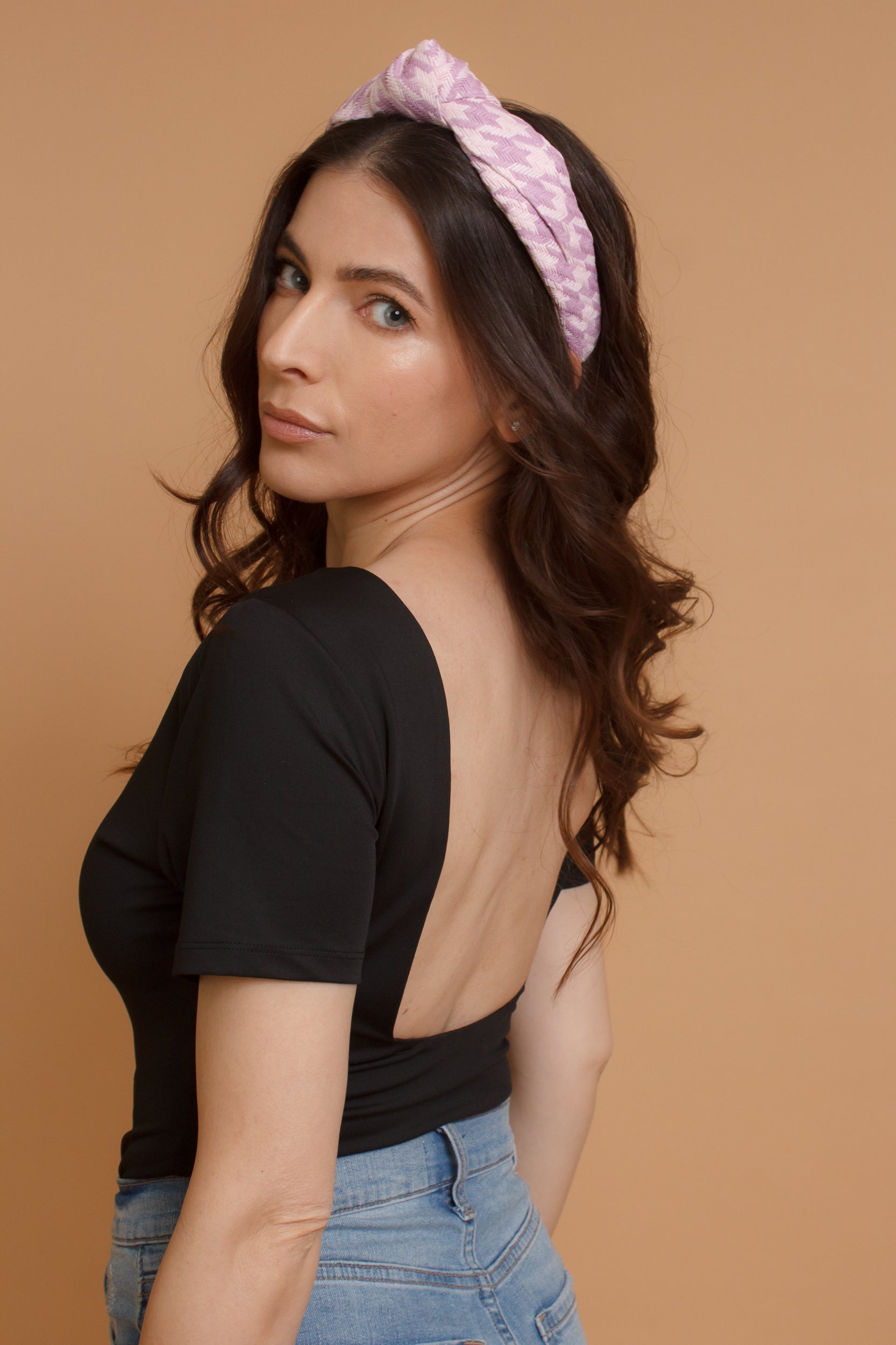 Woven straw headband with knot top, in lilac. Image 3